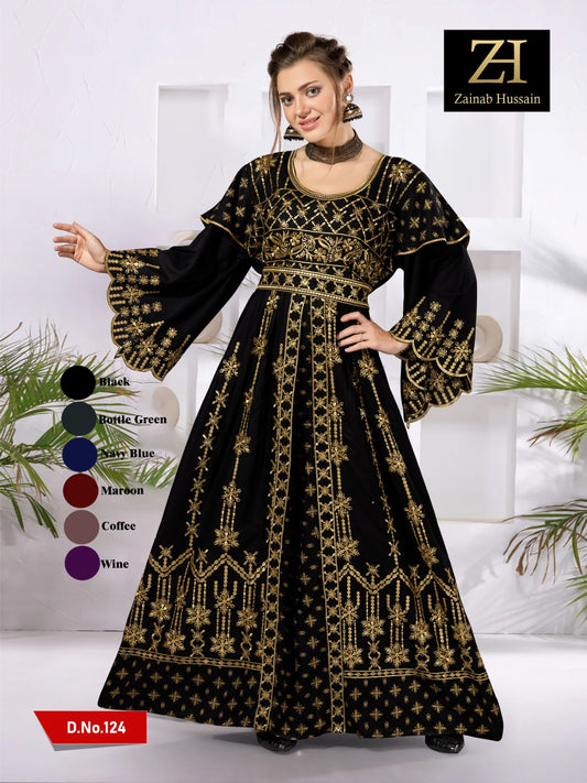 Longbell Sleeues Premium Kaftan - Black and Heavy Gold Embroidery