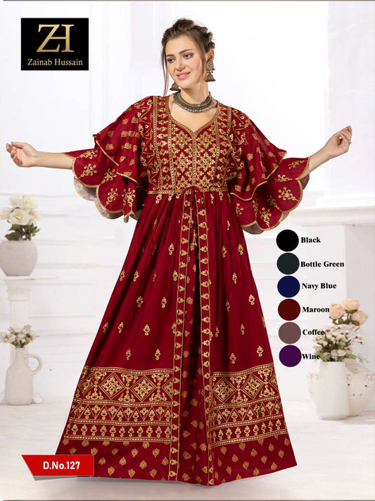 Butterfly Sleeues Premium Kaftan - Maroon with Golden Embroidery